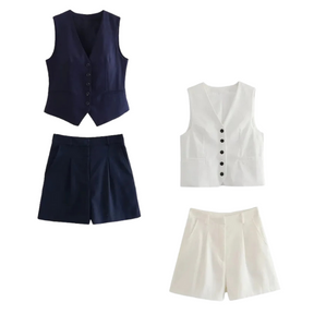 Conjunto Feminino em Alfaiataria - Colete e Shorts no Linho