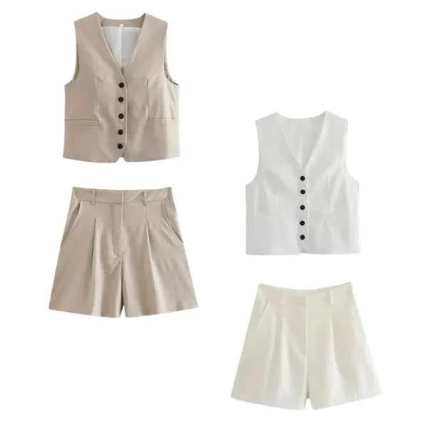 Conjunto Feminino em Alfaiataria - Colete e Shorts no Linho